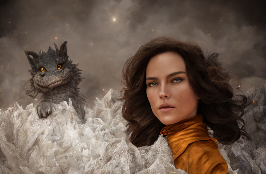 Woman with flowing hair and golden scarf next to dragon-like creature in cloudy skies.