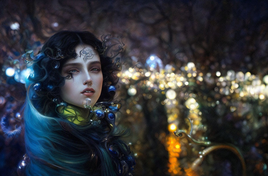 Fantasy portrait of a woman with silver adornments and mystical forest backdrop