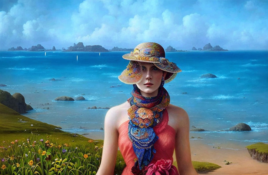 Woman in Colorful Hat and Scarf on Beach with Vibrant Seascape