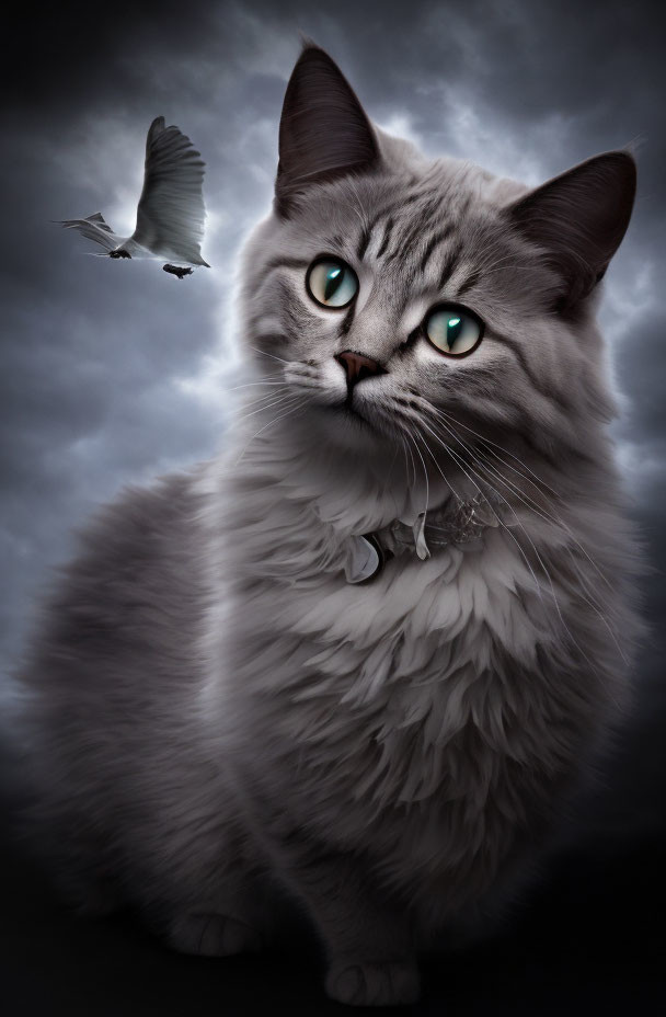 Grey cat with green eyes and bell collar under flying bird in cloudy sky