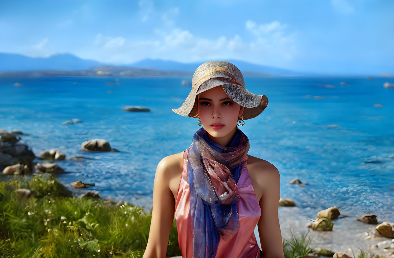 Colorful scarf and sunhat person in focus against serene seascape