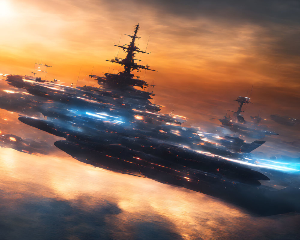 Futuristic warships above clouds at sunset with fiery glow