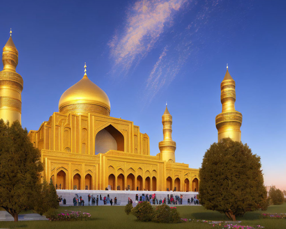Golden-domed mosque with twin minarets at sunset amidst greenery and visitors