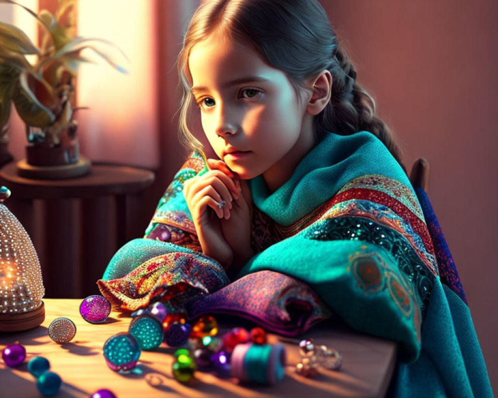 Young girl in vibrant peacock shawl surrounded by colorful beads and jewelry
