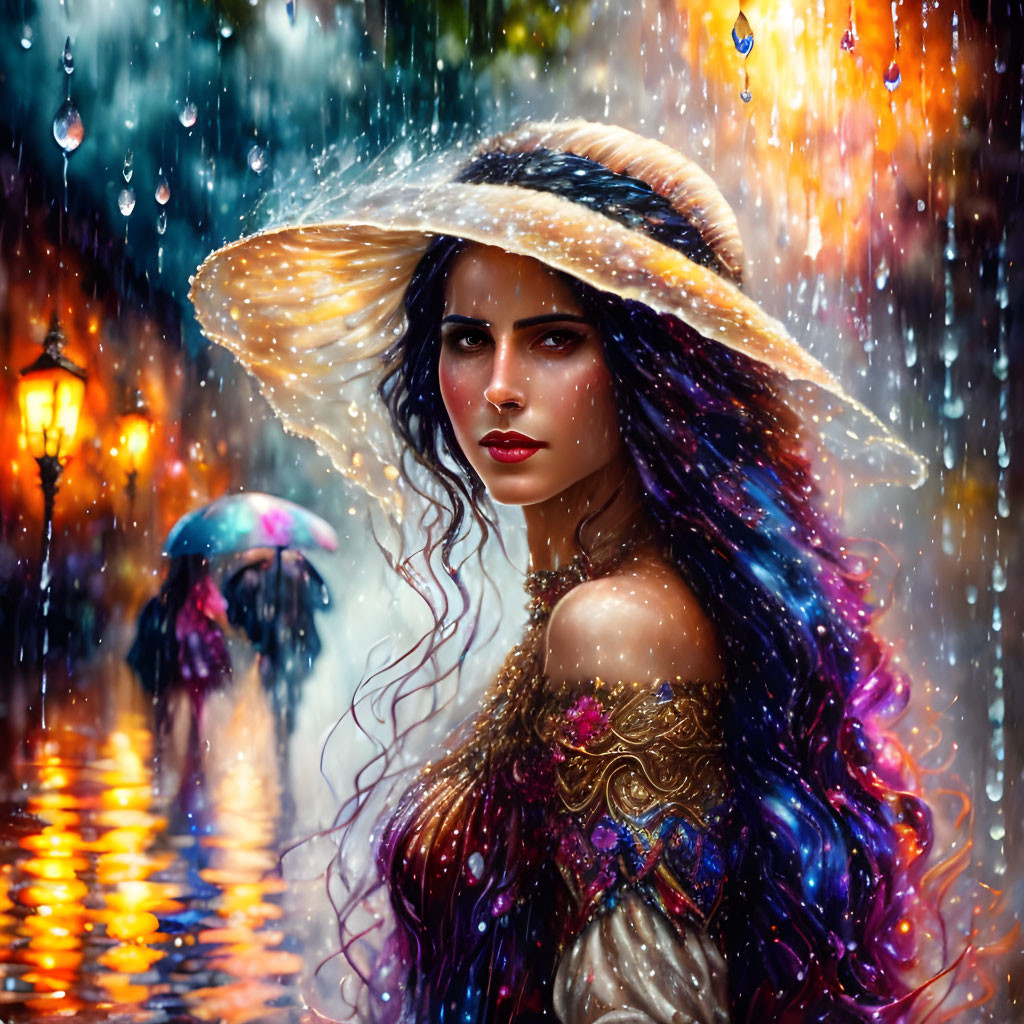 Colorful-haired woman in large hat standing in rain with illuminated droplets