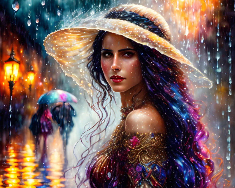 Colorful-haired woman in large hat standing in rain with illuminated droplets