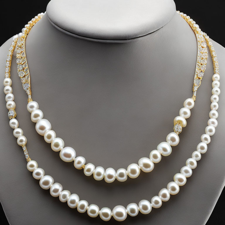 Two-Strand Pearl Necklace with Gold Accents on Mannequin Bust