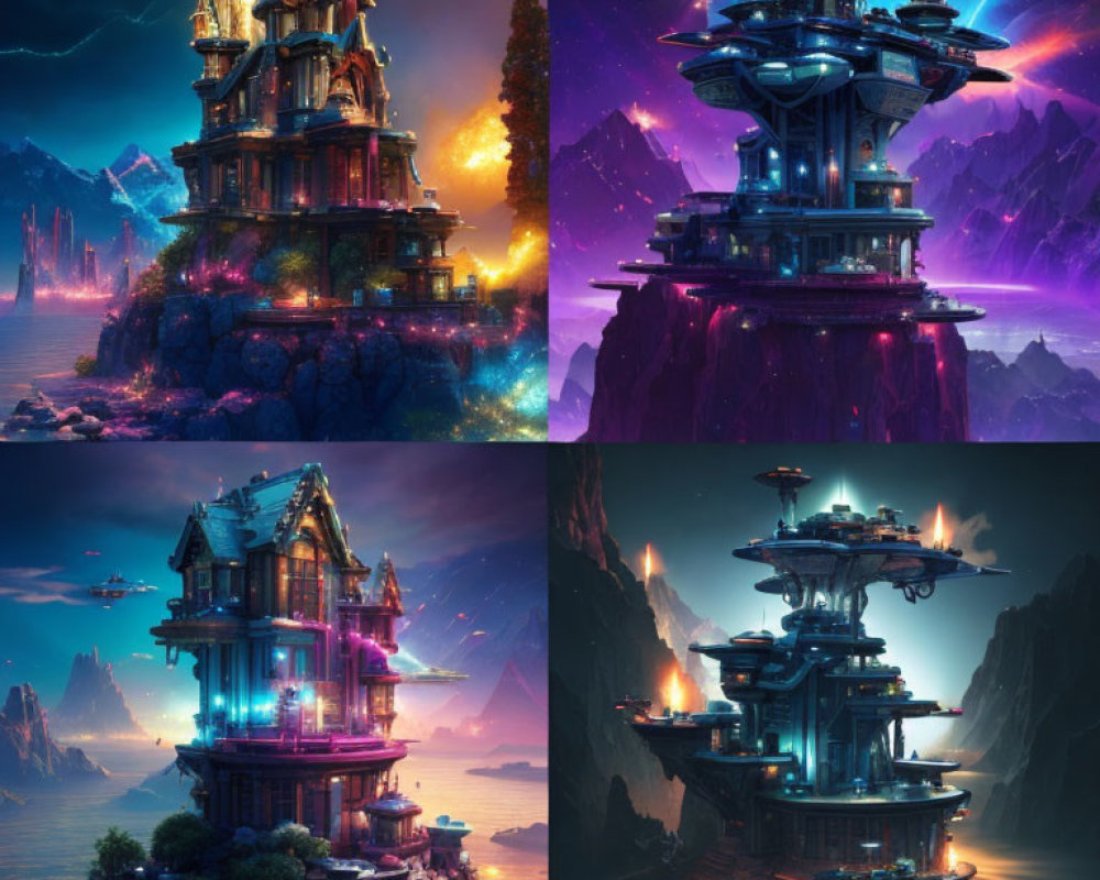 Fantasy structures on cliff edges with unique architectural styles and sky backdrops