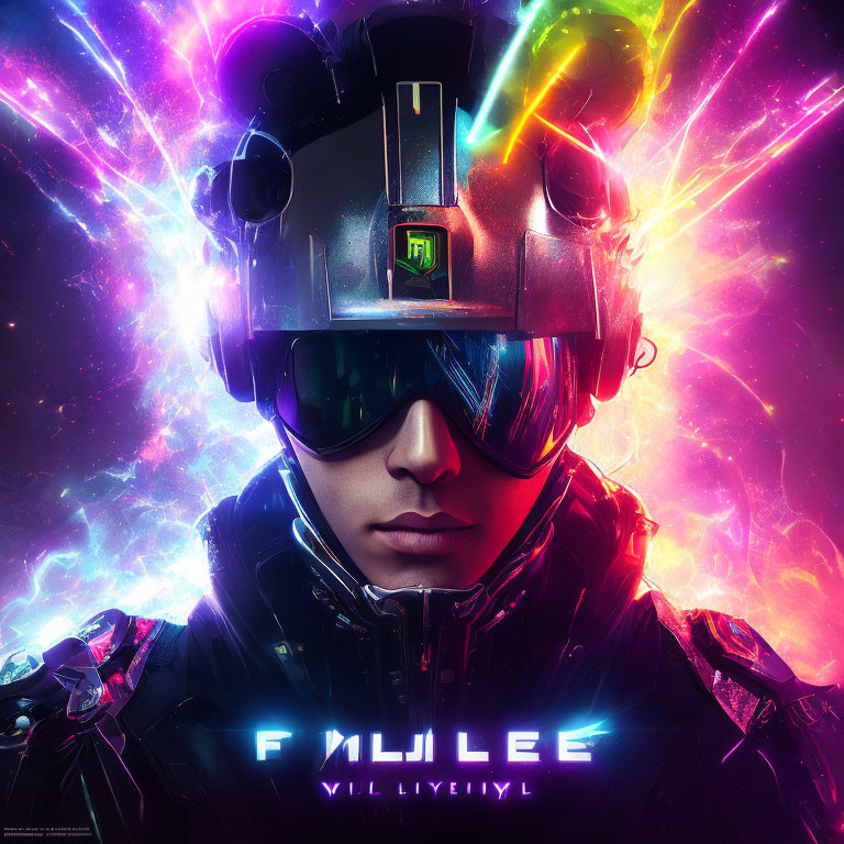 Futuristic Helmet with Neon Lights in Cyberpunk Setting