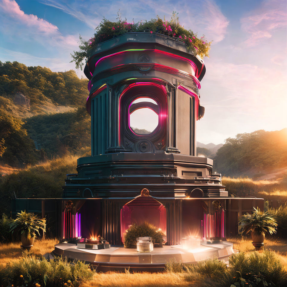 Fantastical cylindrical structure with neon accents in lush valley at sunrise or sunset surrounded by nature and orn