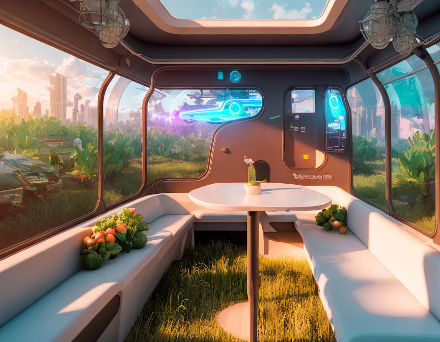 Futuristic vehicle interior with panoramic windows and holographic displays.