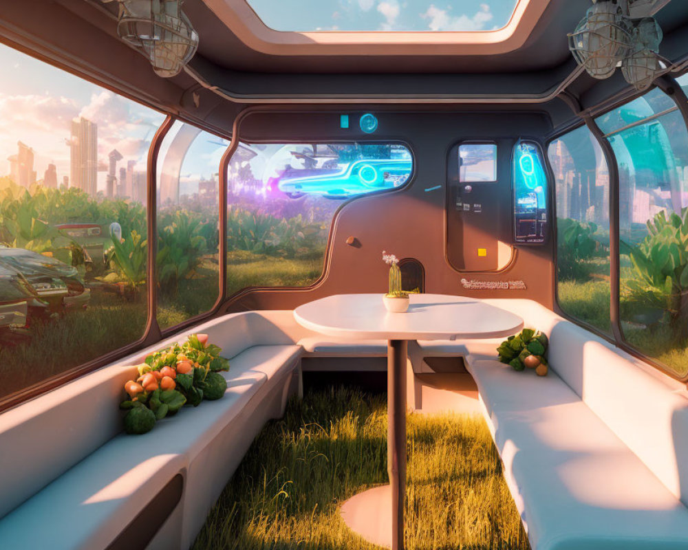 Futuristic vehicle interior with panoramic windows and holographic displays.