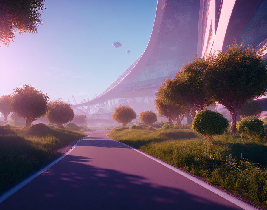 Futuristic landscape with lush trees, pink skies, and sleek structures.