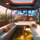 Futuristic vehicle interior with panoramic windows and holographic displays.