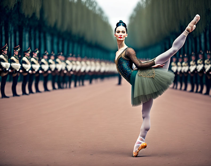 Ballerina in green tutu with soldiers in uniform background