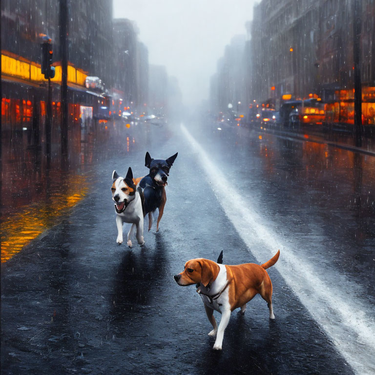 Three dogs crossing wet city street in rain with street lights reflecting