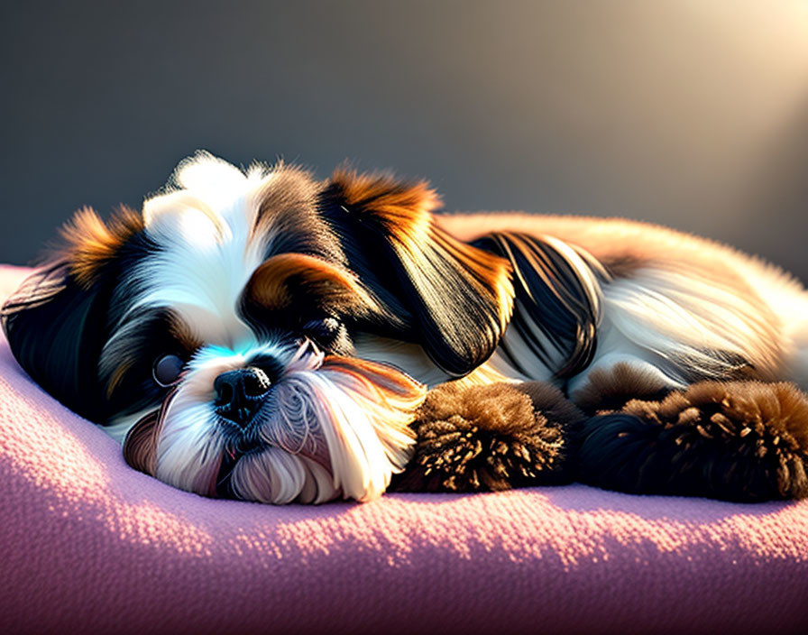 Black and white Shih Tzu dog resting on pink surface in sunlight