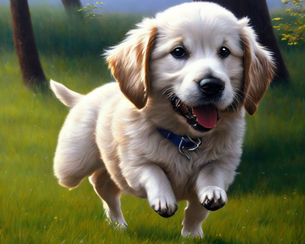 Playful Golden Retriever Puppy in Sunny Meadow with Blue Collar