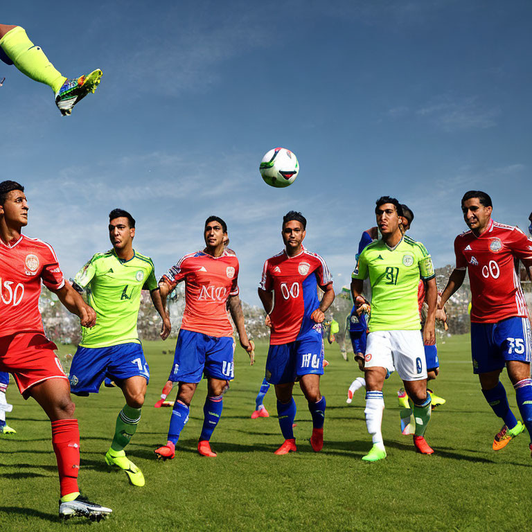 Professional soccer players in colorful kits playing during a sunny day match