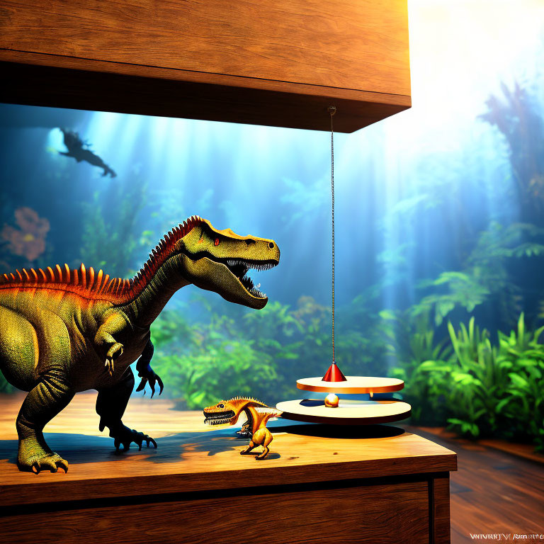 Toy Dinosaurs on Wooden Surface with Dramatic Lamp Scene