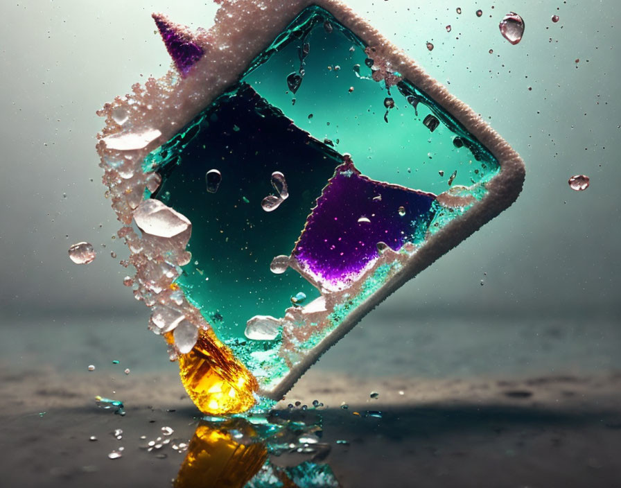 Colorful cocktail splashing from tilted glass on stormy background