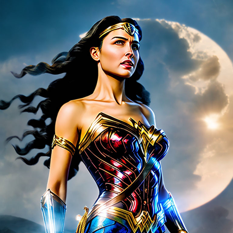 Determined Wonder Woman in iconic costume under moonlit sky