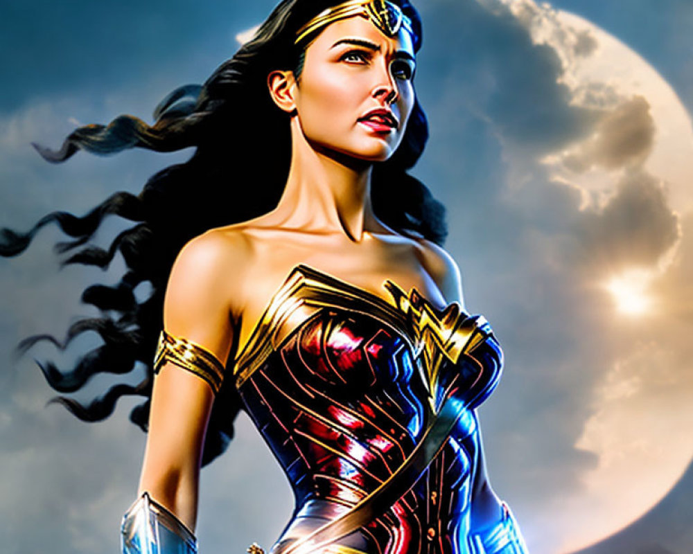 Determined Wonder Woman in iconic costume under moonlit sky