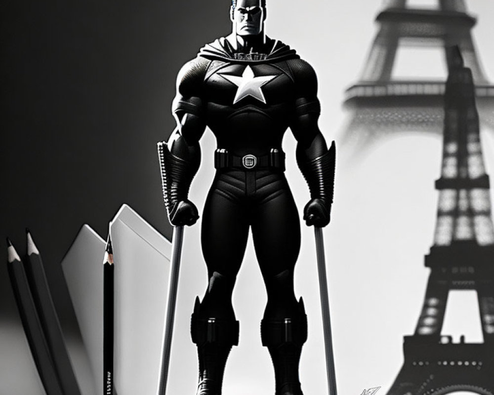 Monochrome superhero with star emblem among pencils and Eiffel Tower.