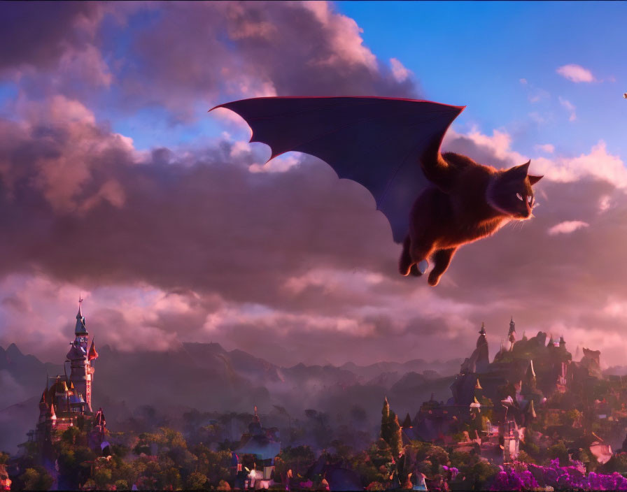 Flying Cat with Bat-Like Wings Soaring Over Fairy-Tale Town at Sunrise or Sunset