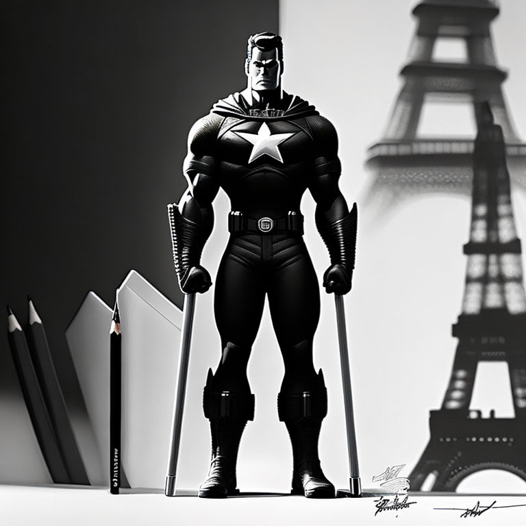 Monochrome superhero with star emblem among pencils and Eiffel Tower.