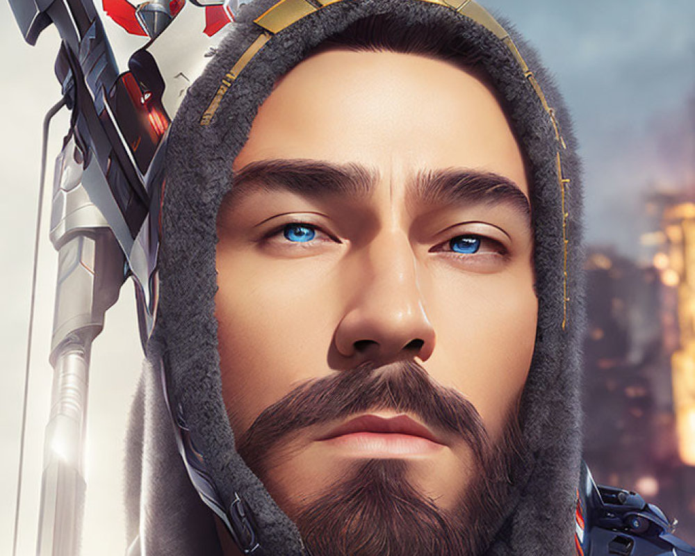 Male character with trimmed beard and blue eyes in hood and futuristic armor, gazing forward.