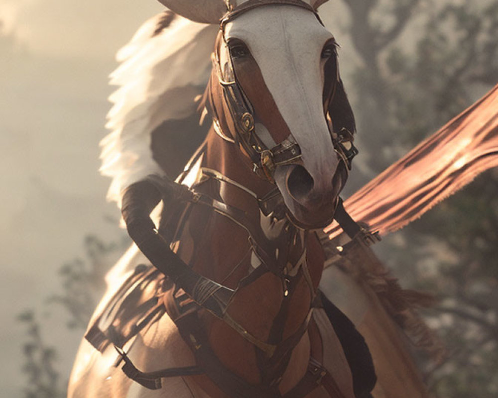 White Horse with Bridle and Medieval Head Armor in Misty Setting