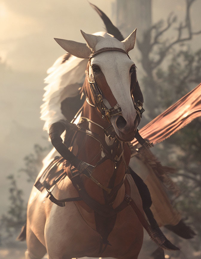 White Horse with Bridle and Medieval Head Armor in Misty Setting