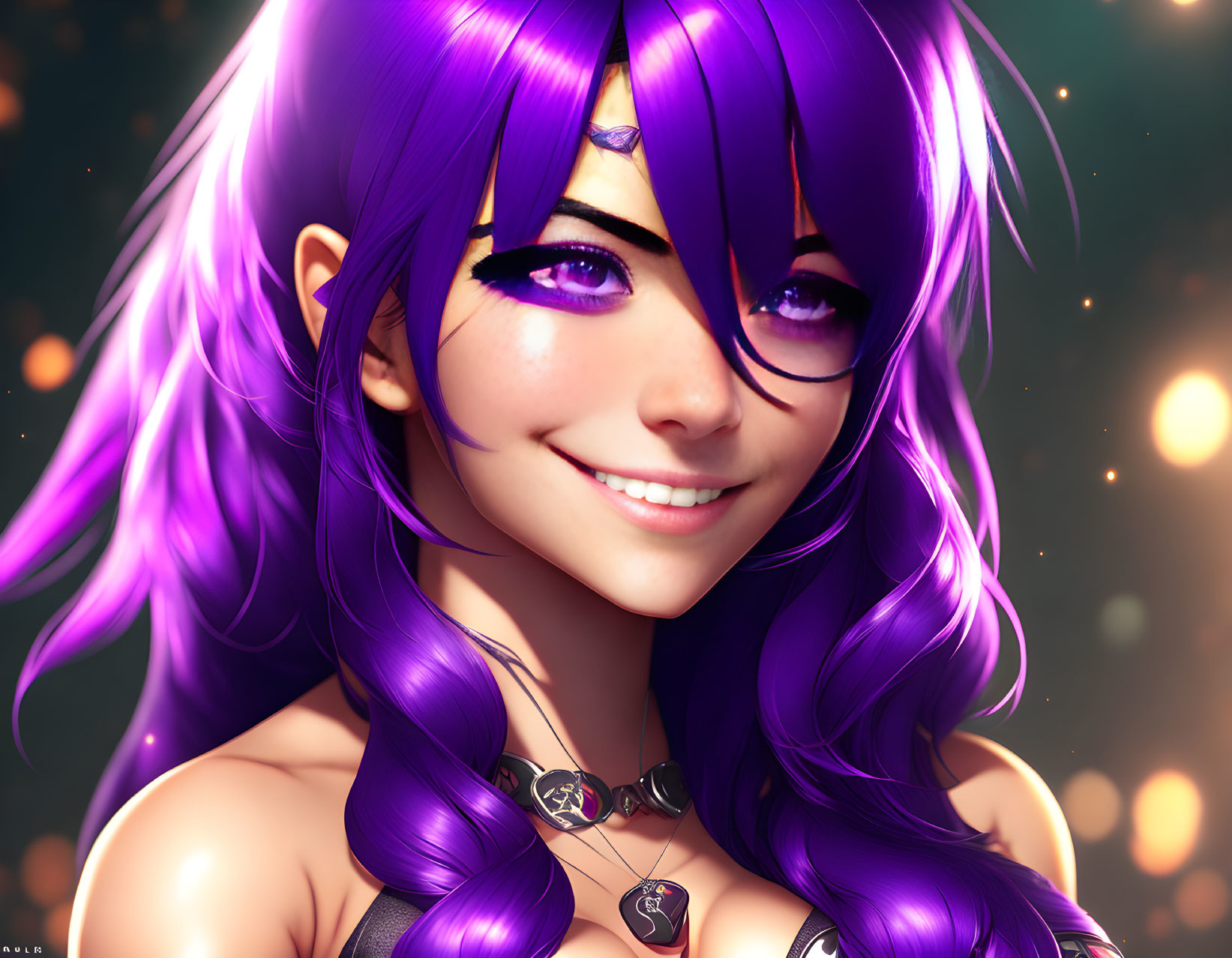 Vibrant female character with purple hair and gem accessory on warm bokeh background