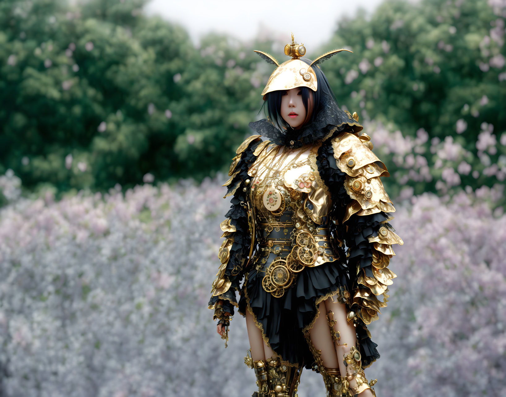 Elaborate golden armor with horned helmet in front of pink shrubs