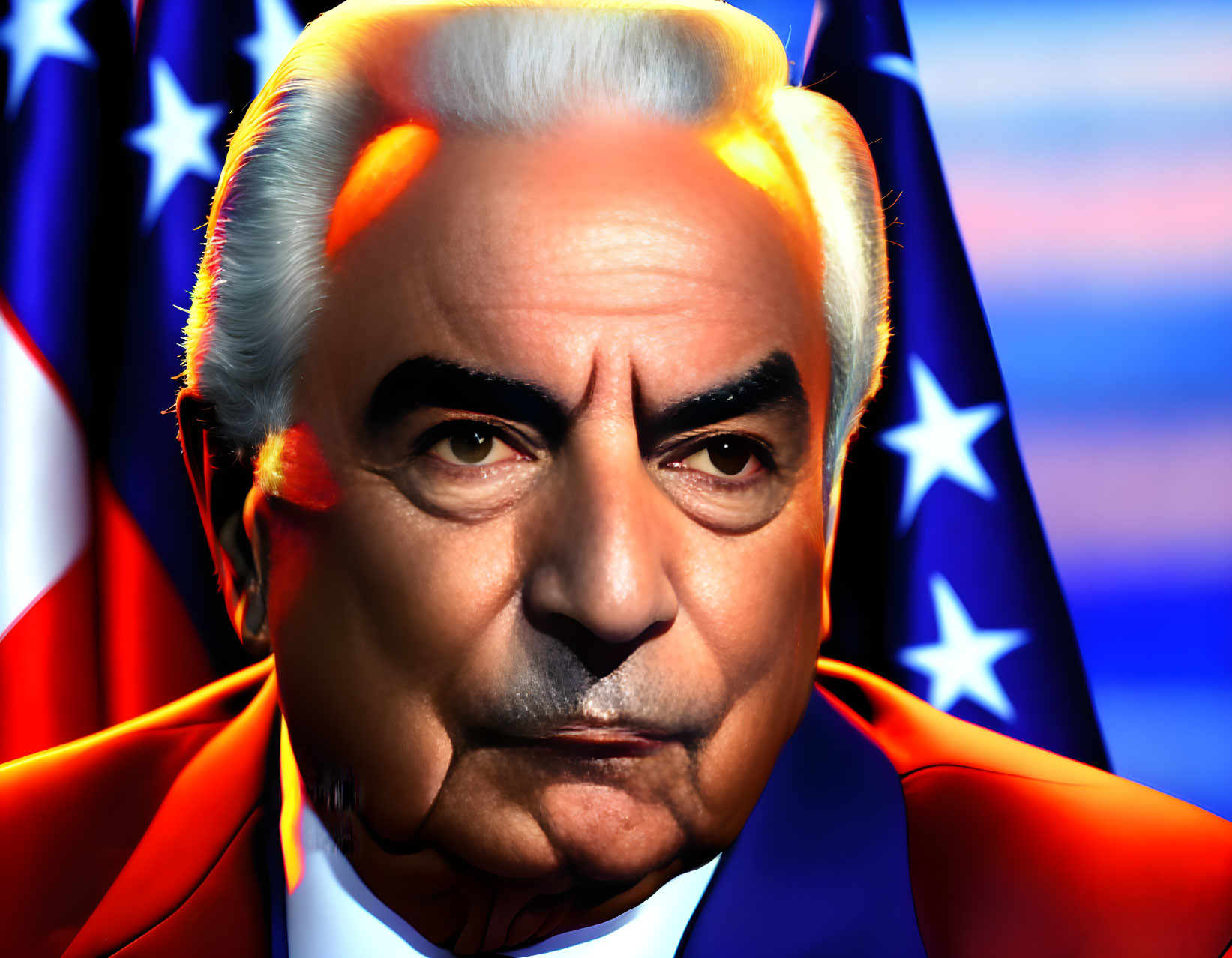 Elderly man with white hair and stern expression against American flag