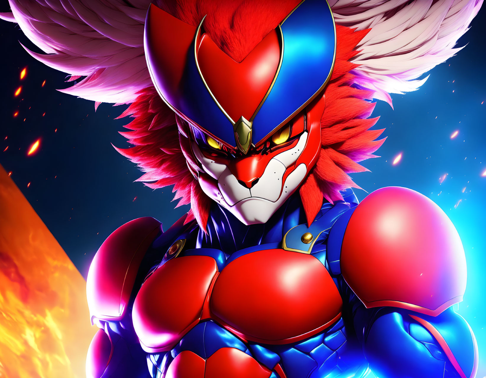 Colorful mechanized character in red and blue armor with lion-like mane.