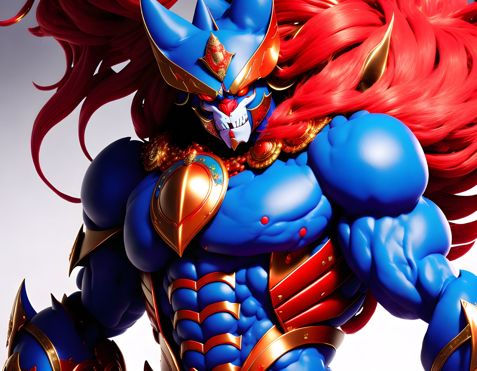 Vibrant animated character with red hair, blue body, and golden armor