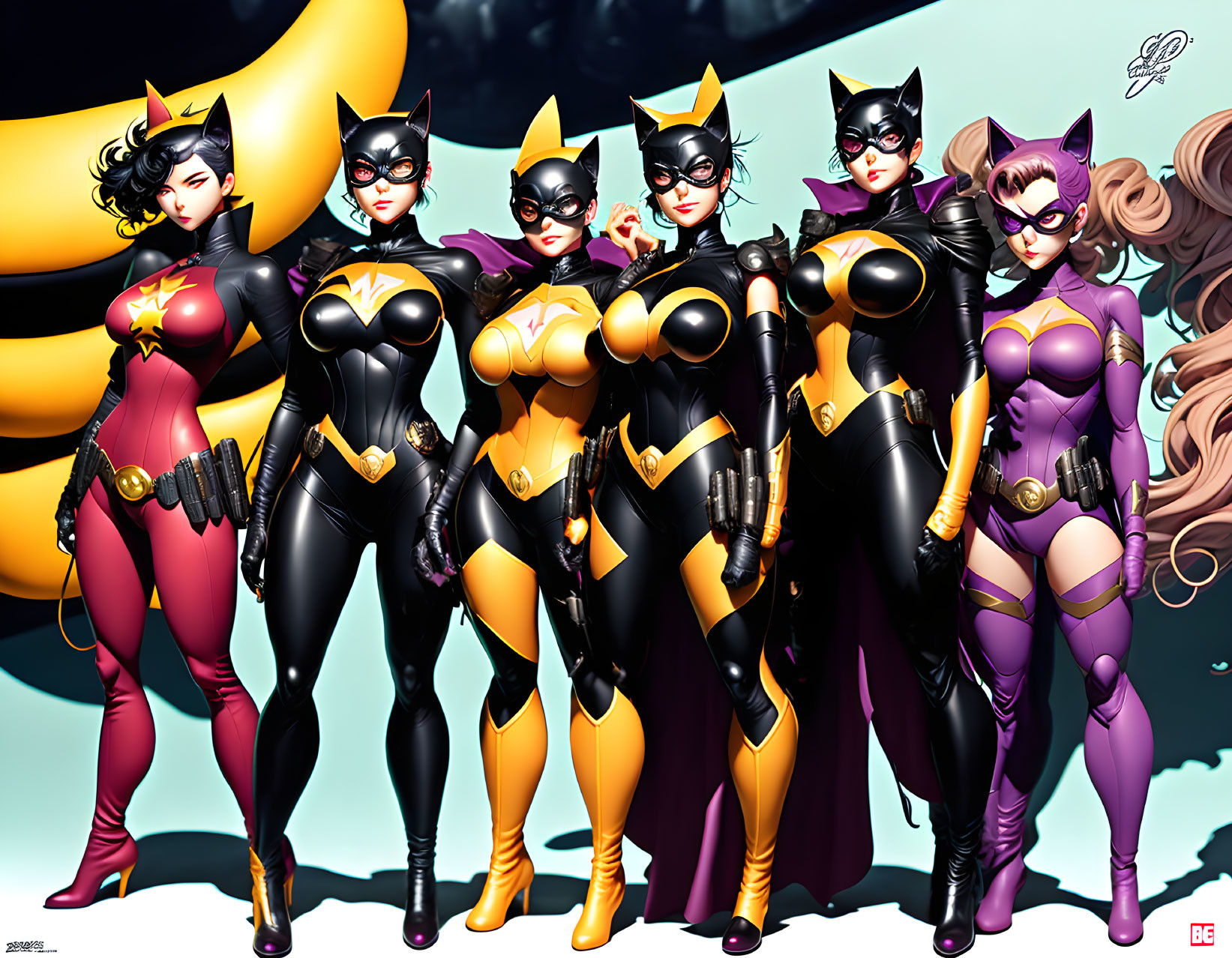 Seven Stylized Batgirl Costume Illustrations on Crescent Moon Background