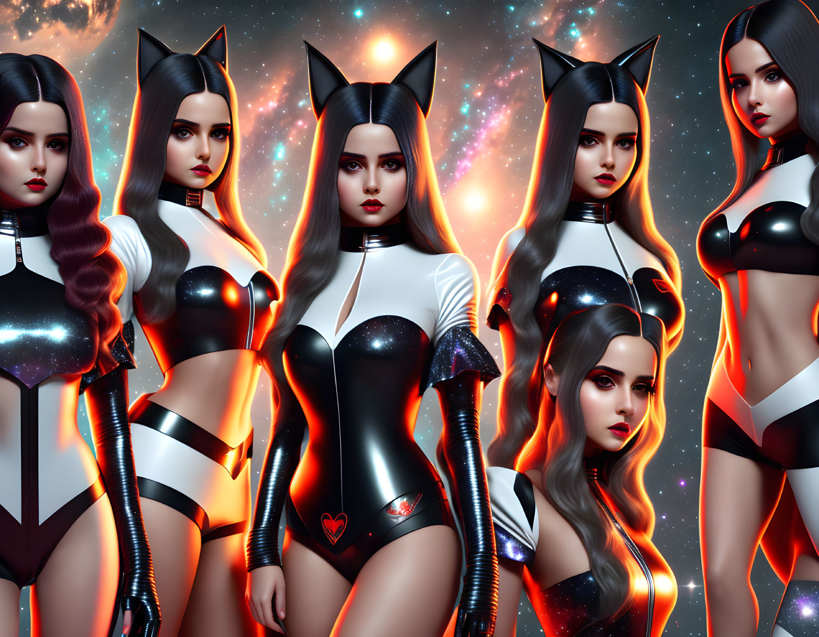 Stylized female characters with cat ears in futuristic bodysuits against cosmic backdrop