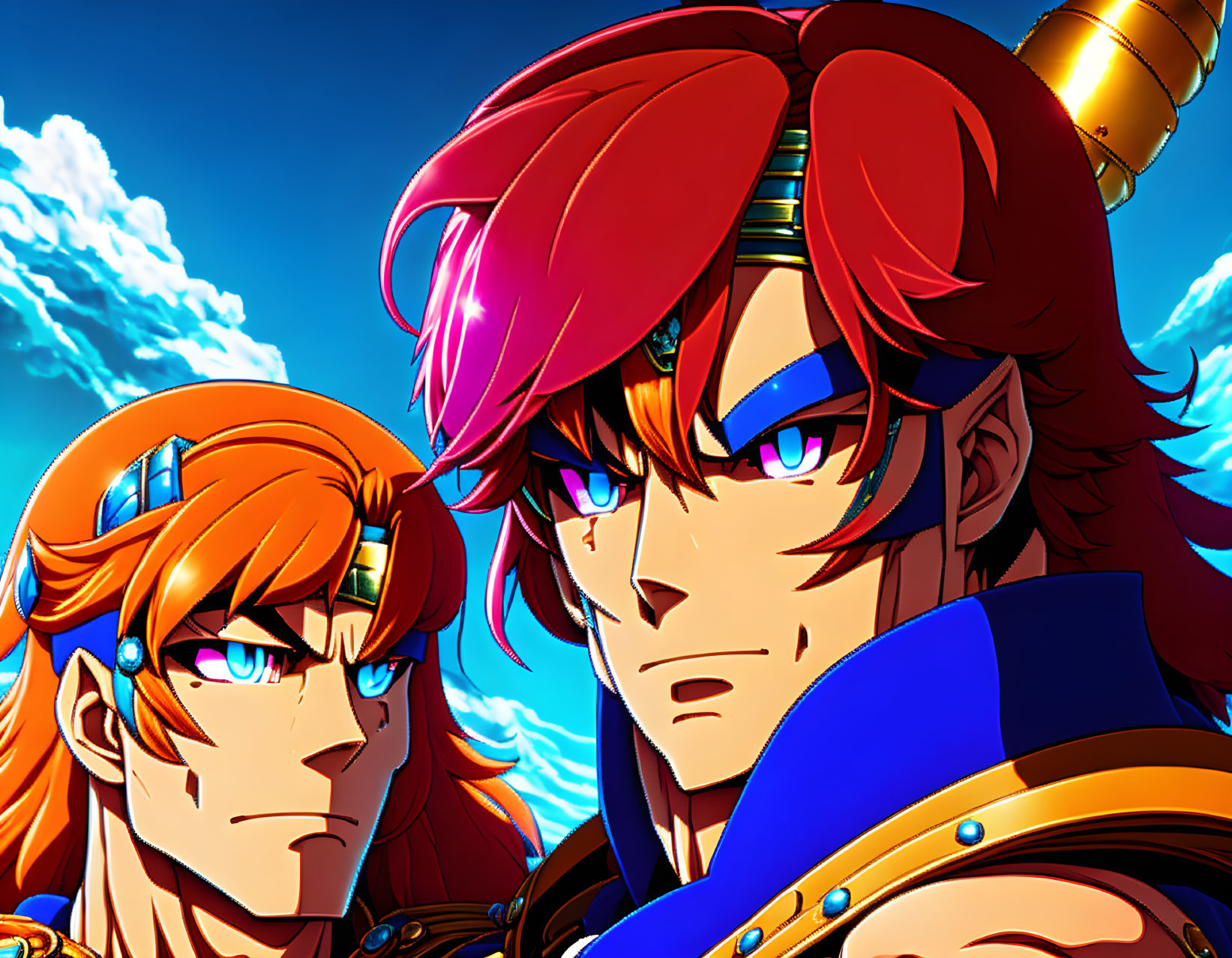 Red-haired, blue-armored animated characters under cloudy sky