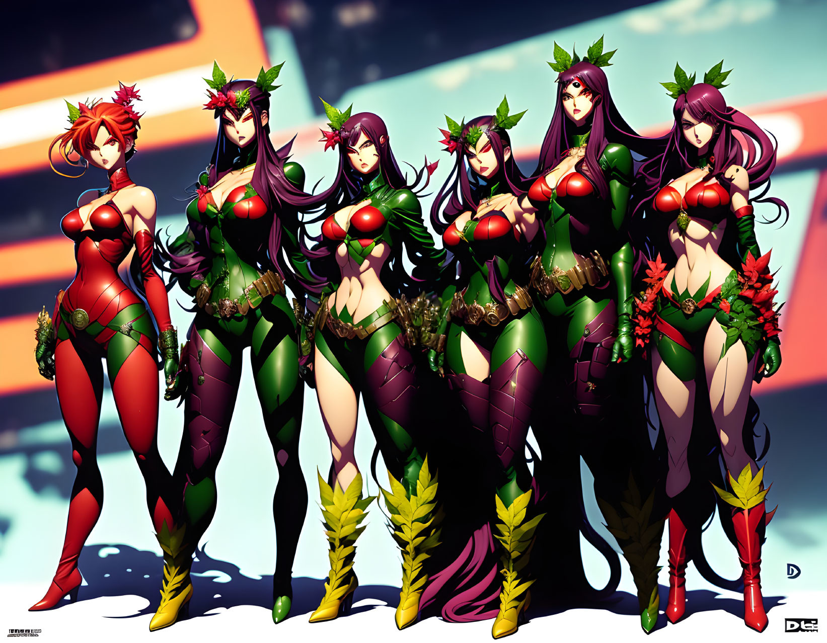 Colorful Plant and Berry Motif Costumes on Six Female Characters