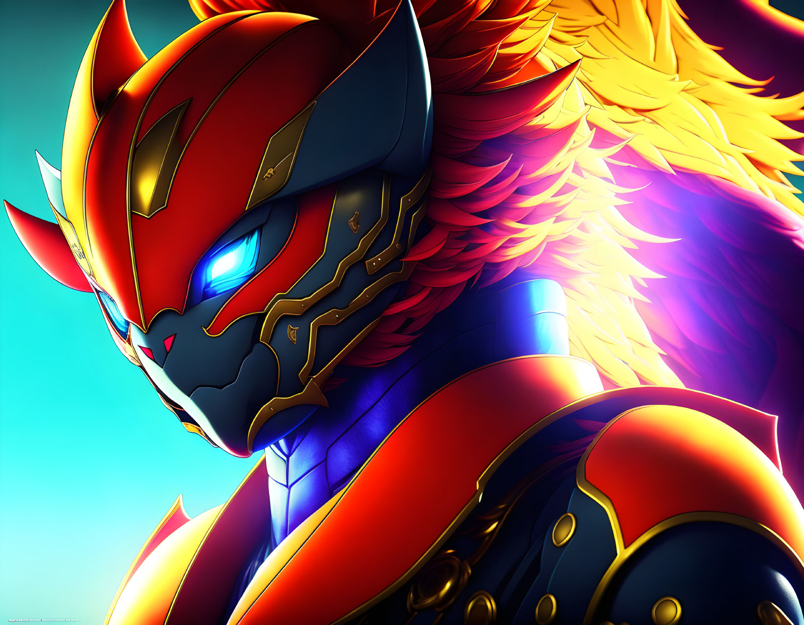 Futuristic armored character with fiery wings and red visor on blue backdrop