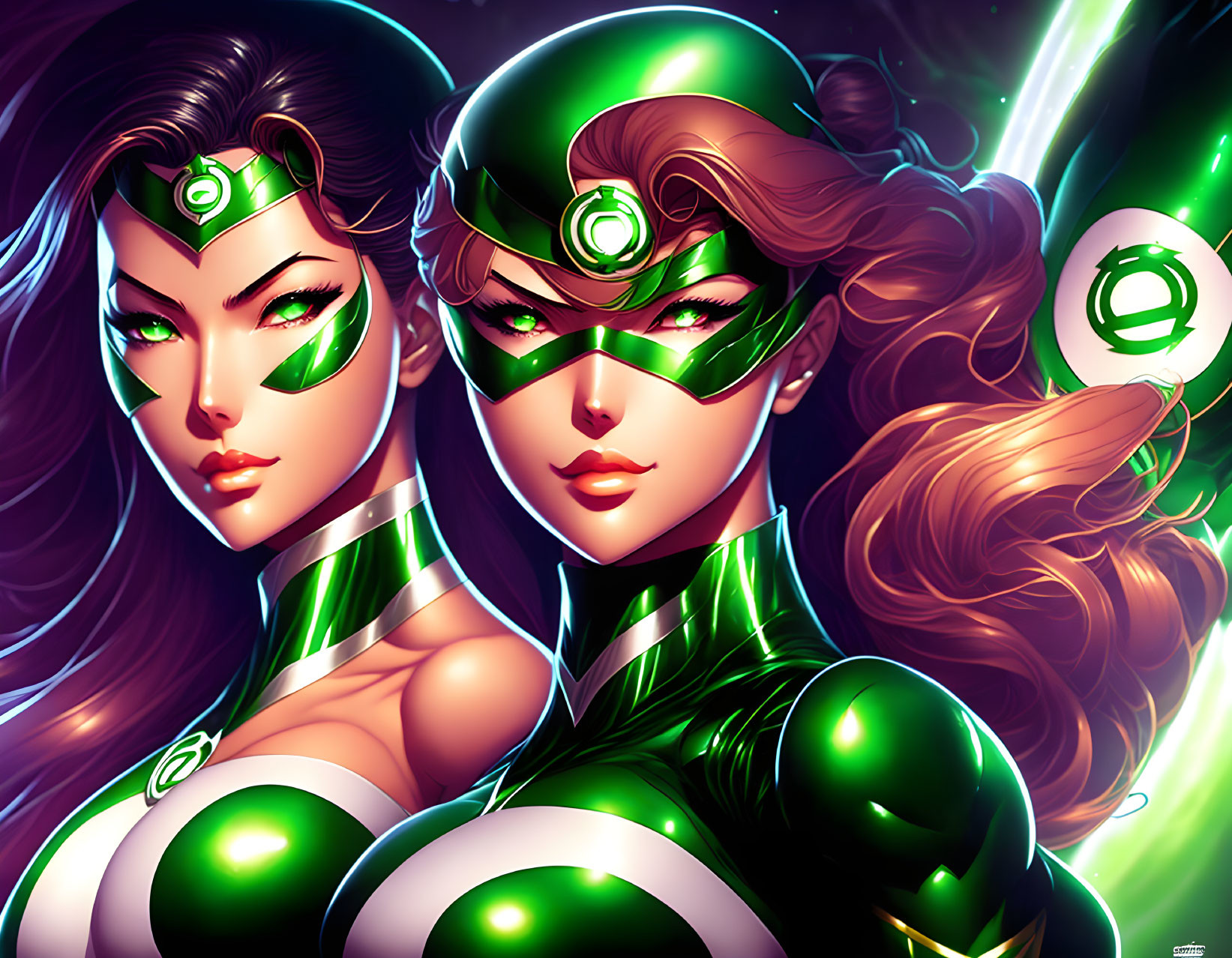 Female superheroes in green outfits with glowing eye masks and symbols.