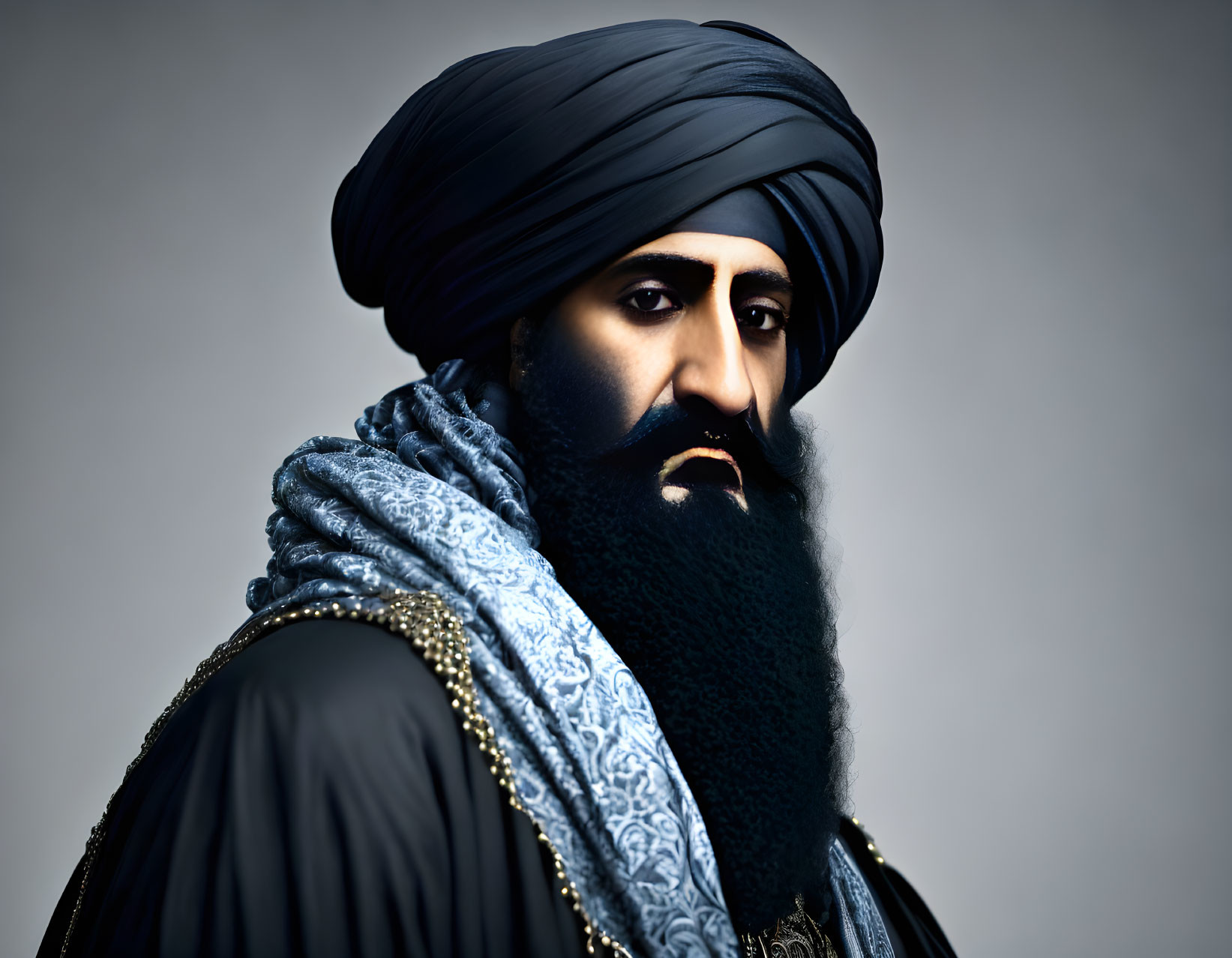 Portrait of man with blue turban, thick beard, and ornate clothing on grey background