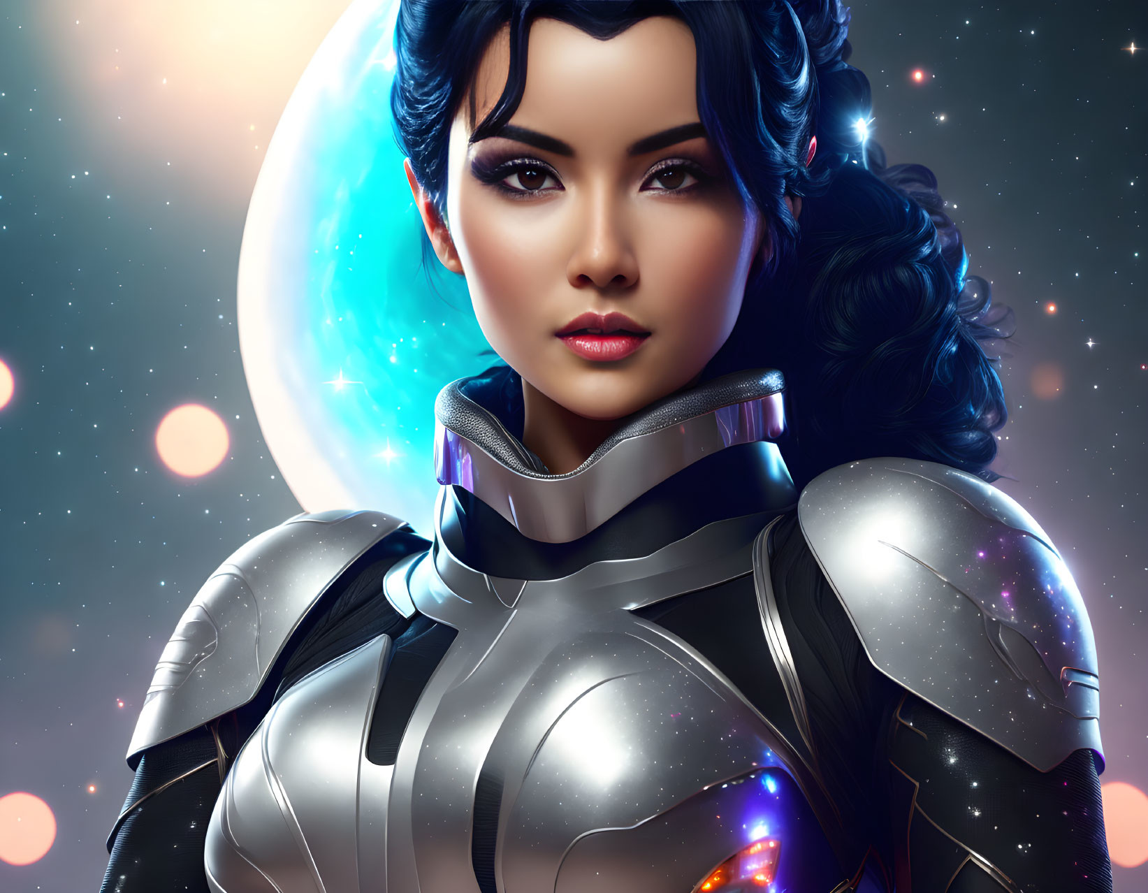 Digital art portrait of woman in silver armor against cosmic background