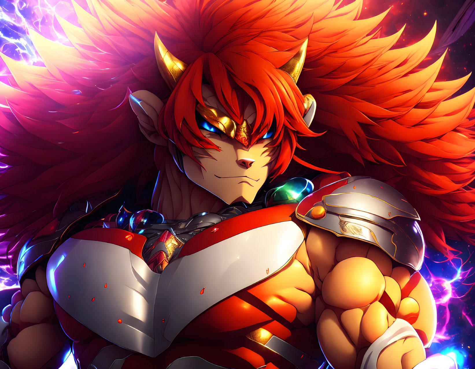 Red-haired character in silver armor with glowing orange eyes on purple energy background