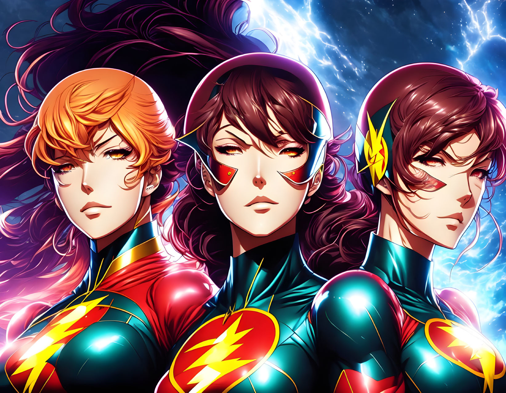 Three stylized female superheroes in colorful costumes with lightning bolt symbols on a cosmic backdrop.