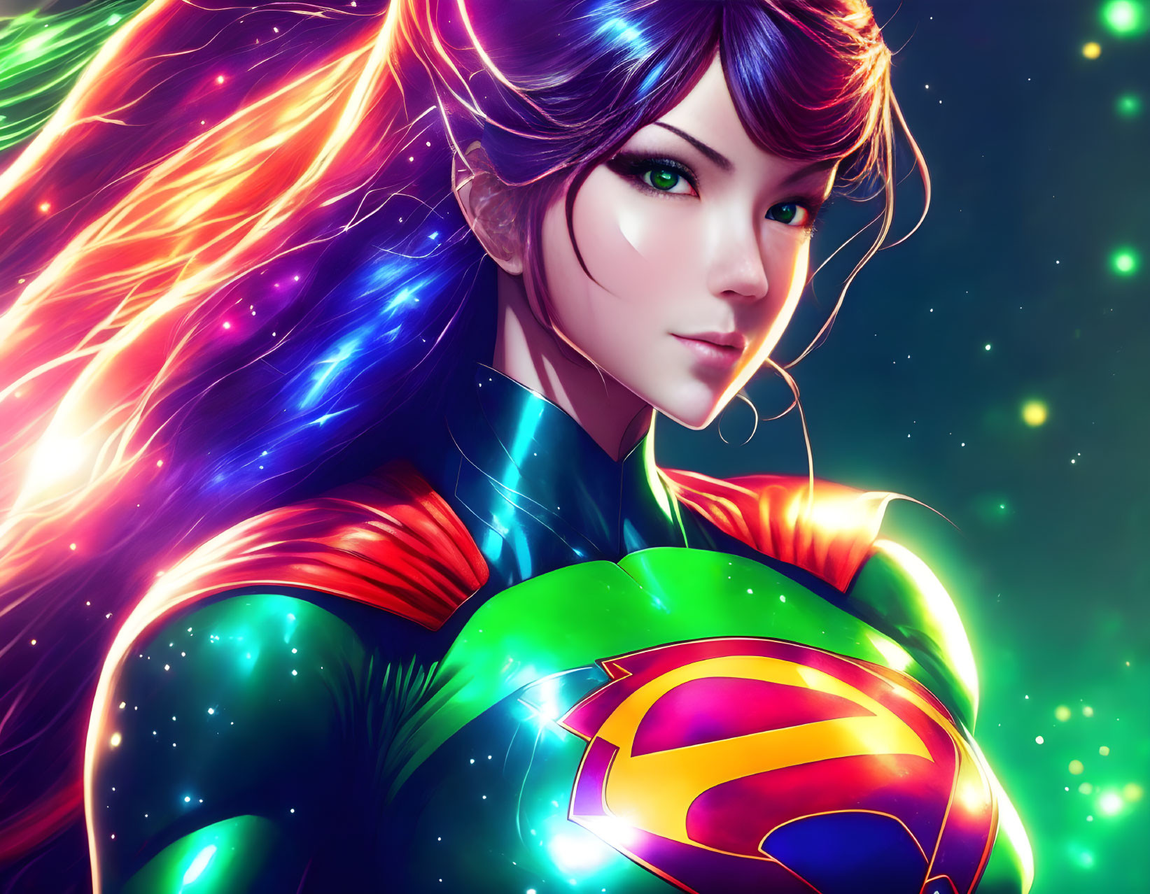 Colorful Superwoman with cosmic backdrop illustration.