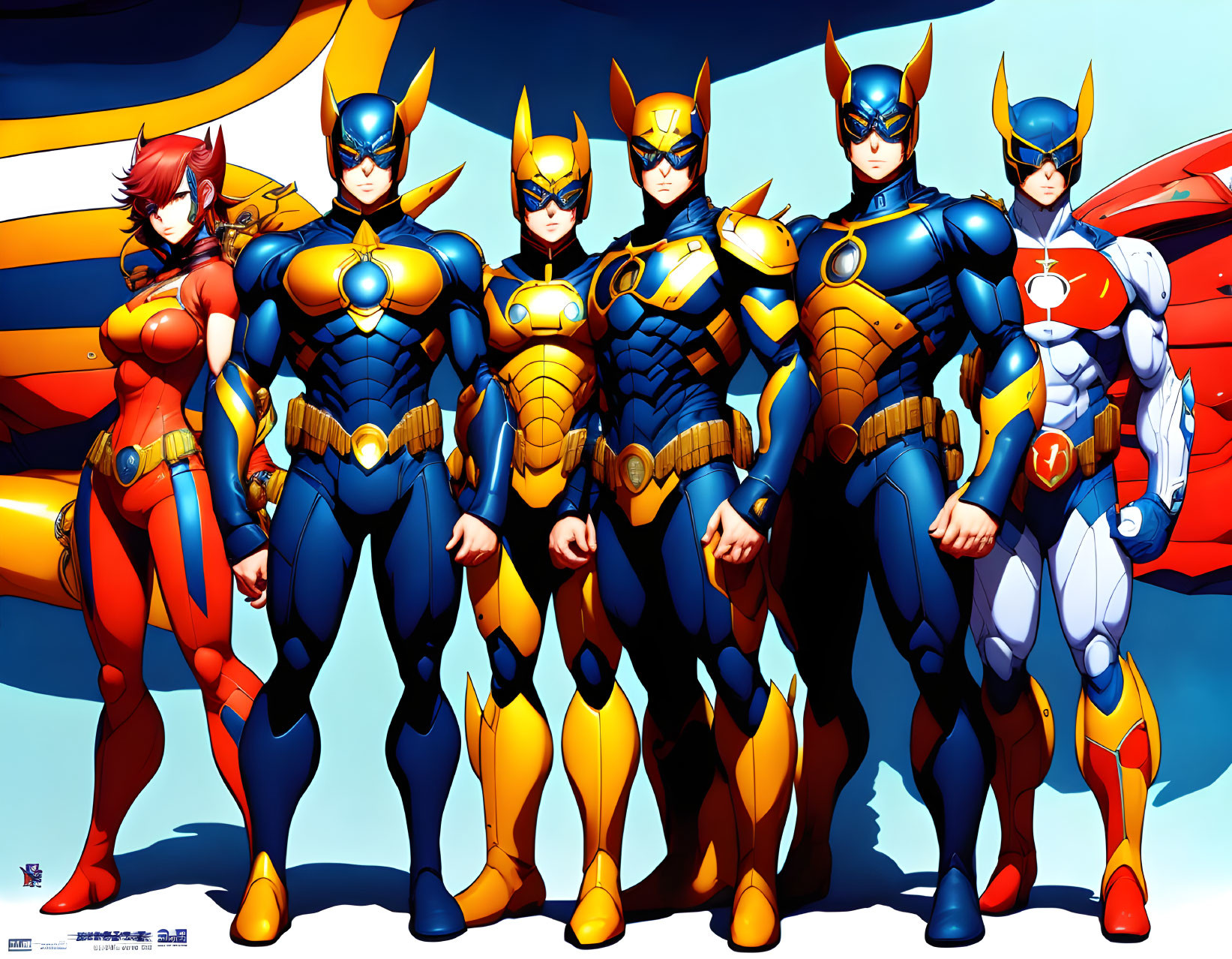 Seven Vibrant Armored Superheroes in Heroic Pose on Blue and Red Background